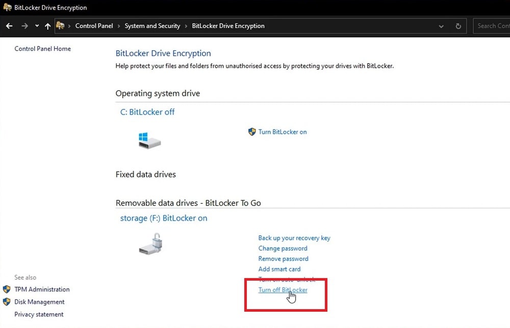 L'applet du panneau de configuration BitLocker dans Windows 10