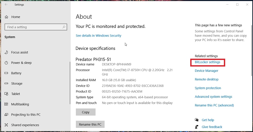 The BitLocker settings in Windows 10 Settings