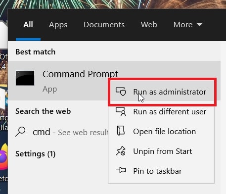 The Run as administrator option for Command Prompt in Windows 10