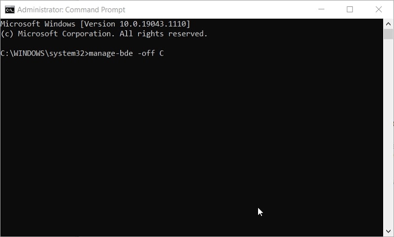 The disable BitLocker Command Prompt command in Windows 10