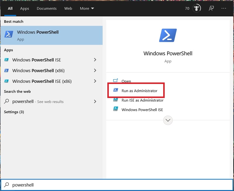 The Run as Administrator option for PowerShell in Windows 10