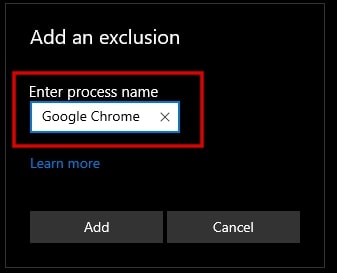 Ajouter Google Chrome en tant qu'exclusion dans Windows 10