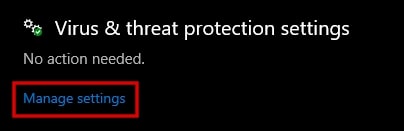 manage settings - Virus & threat protection in Windows 10