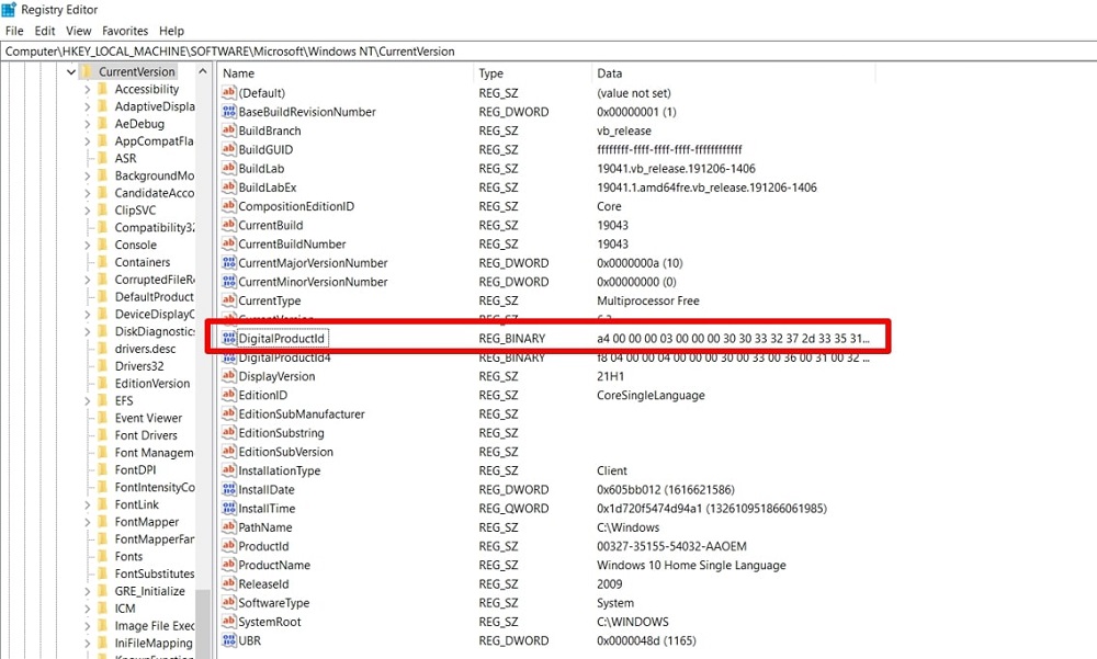 Windows Registry highlighting the binary format of the saved digital product key