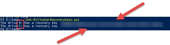 PowerShell interface highlighting the BitLocker Recovery Key after finding it