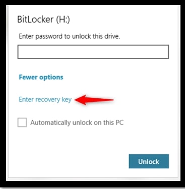 Windows 10 screenshot highlighting the alternative to enter a password to unlock a BitLocker-protected drive