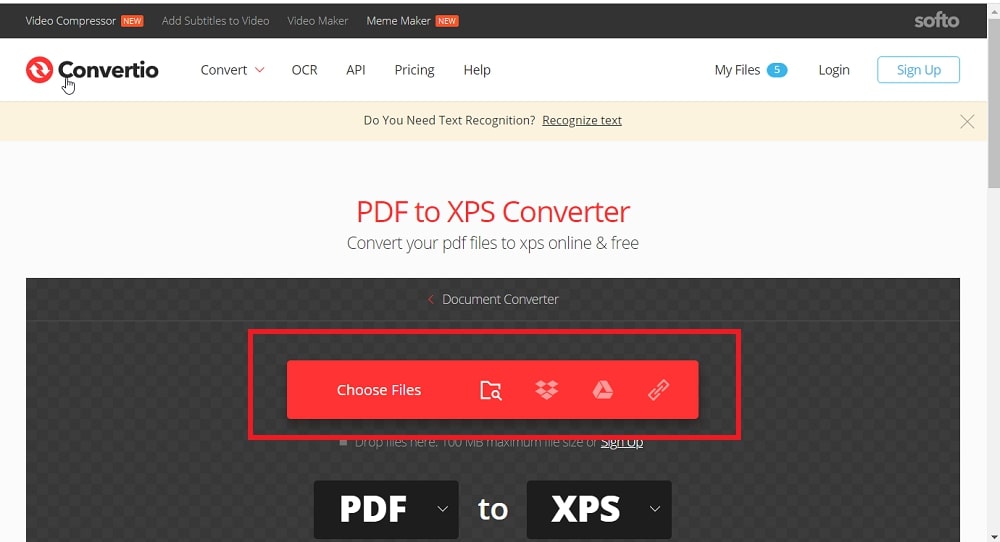 L'application Web Convertio PDF to XPS