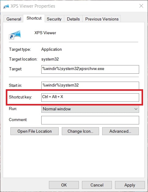 The Shortcut key for XPS viewer in Windows 10