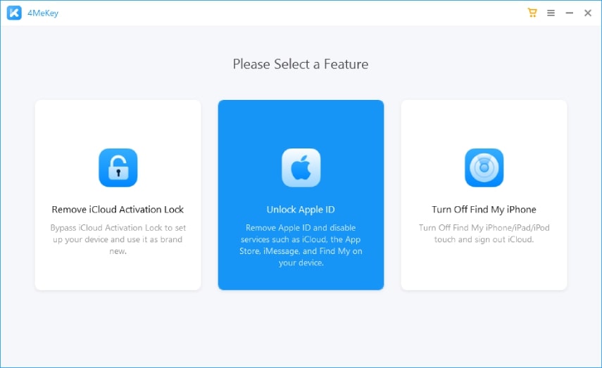 Tenorshare’s 4MeKey highlighting the Unlock Apple ID option on its interface