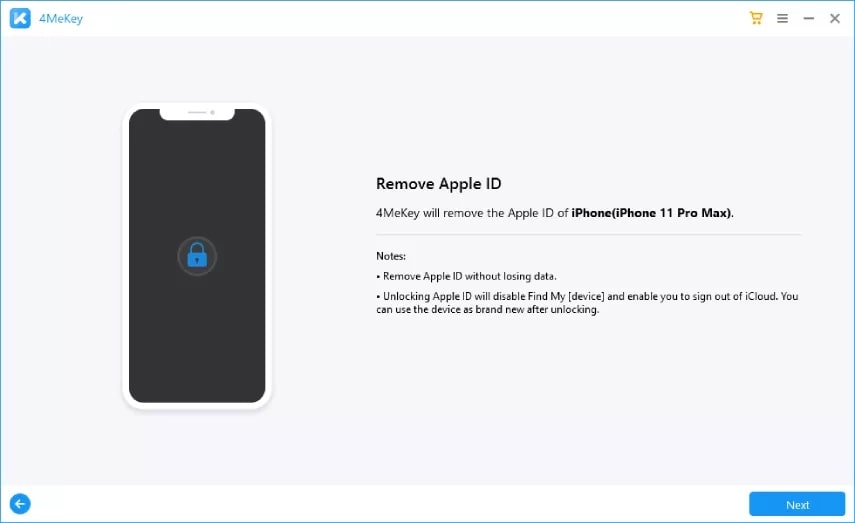 Tenorshare’s 4MeKey interface displaying the Remove Apple ID screen 