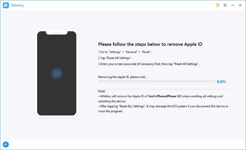 Tenorshare’s 4MeKey interface displaying the instructions to delete Apple ID from iPhone or iPad 