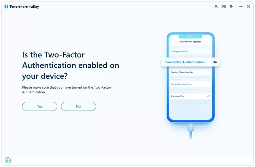 4uKey interface asking to choose whether the iDevice has a two-factor authentication set or not before removing Apple ID from iPhone/iPad