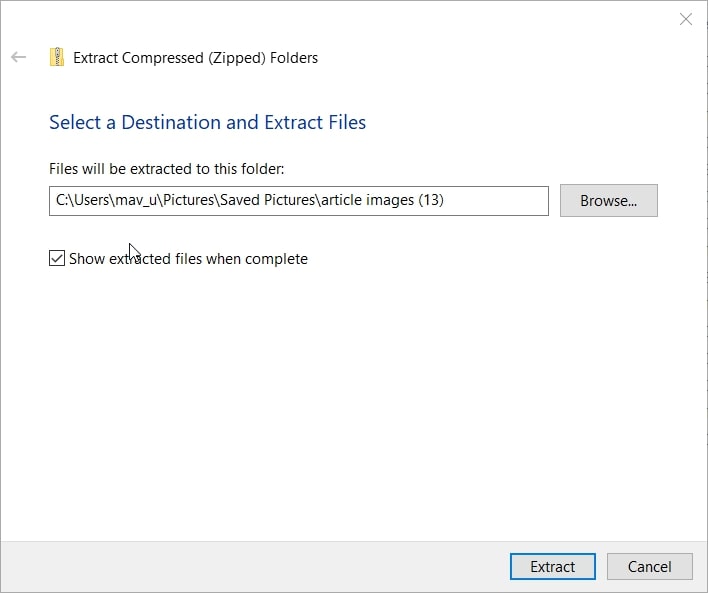 The Extract Compressed Folders window for date picker