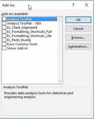 La fenêtre des compléments dans Excel