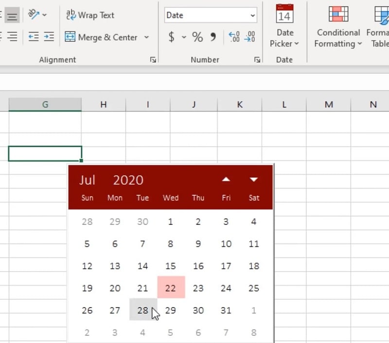 The Date Picker calendar in Excel