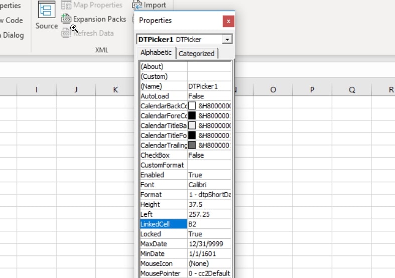 The Properties window for the inserted calendar in Excel