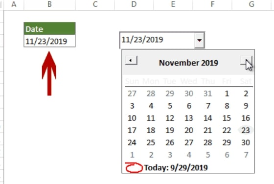 Le calendrier de sélection de la date et la cellule liée dans Excel
