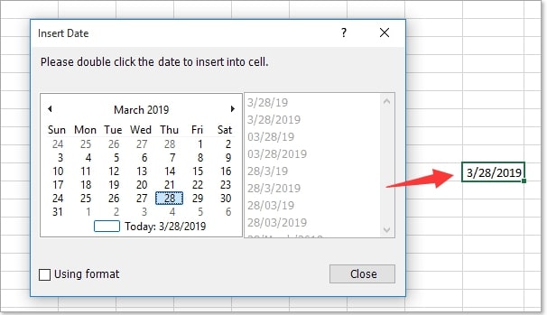 The Insert Date window in Kutools for Excel
