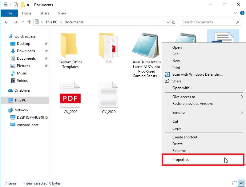 Properties in word document right-click menu