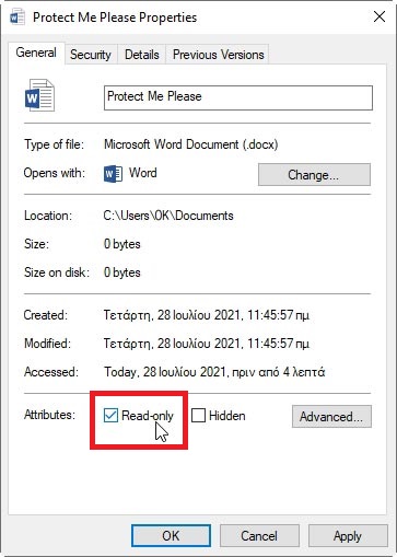 Select Read-only in word document’s Properties