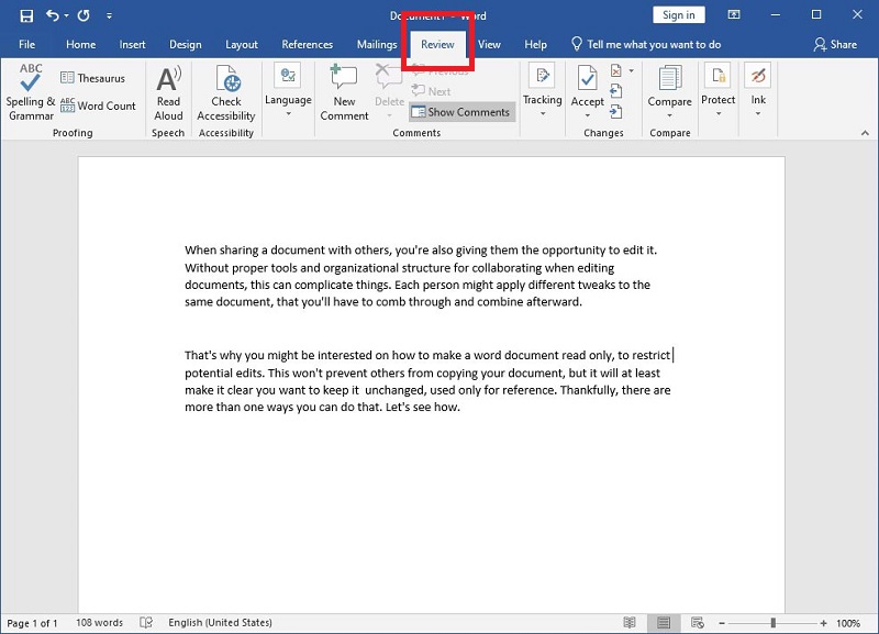 Review option in Word document