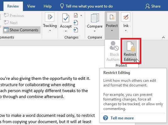 Click Restrict editing to make a word document read only