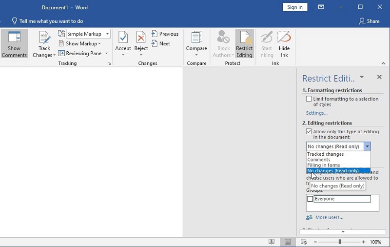 Restrict editing options in word document
