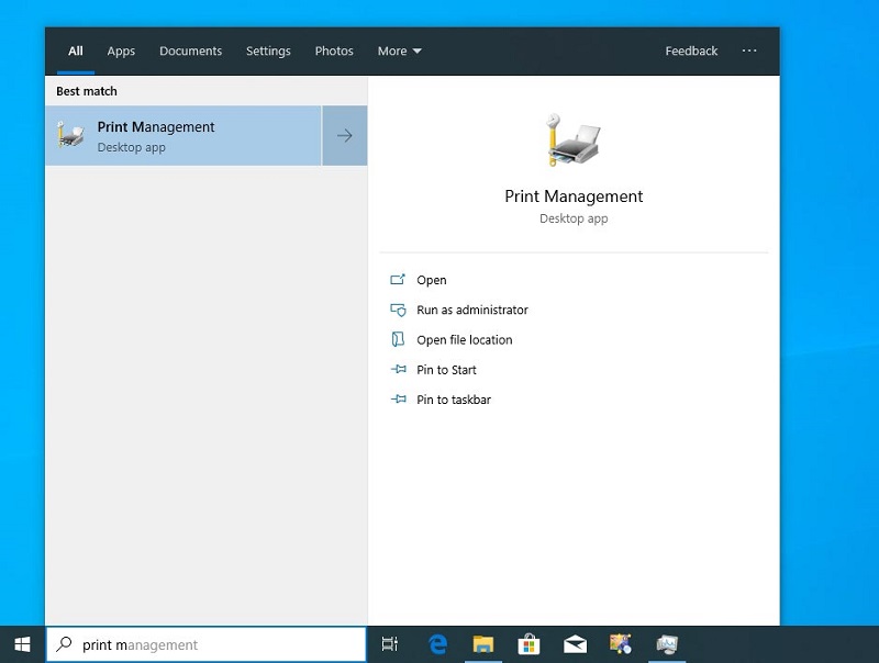 Ouvrir la gestion de l'impression dans Windows 10 en effectuant une recherche