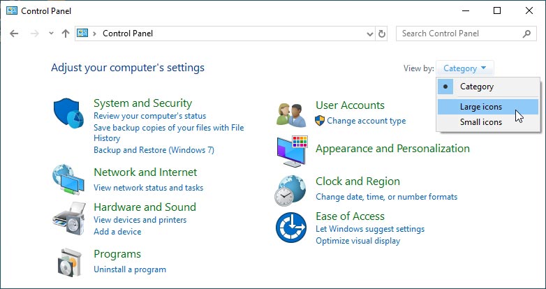 Grandes icônes dans le panneau de configuration de Windows 10