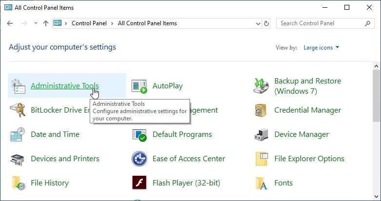 Outils d'administration dans le panneau de configuration de Windows 10