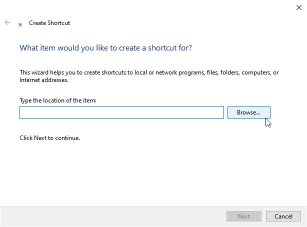 Browse in Create shortcut window