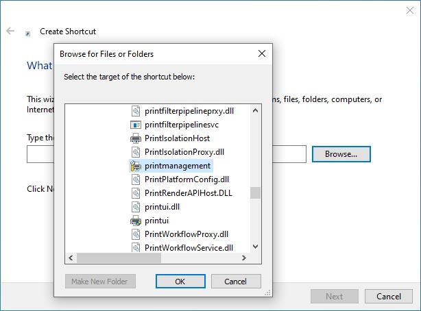 Select Print Management to create a shortcut in Windows 10