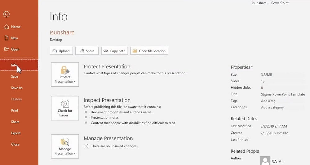 Info options in PowerPoint presentation