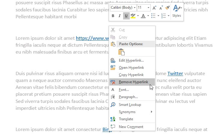 Remove hyperlinks in Word document by using the Remove Hyperlink function