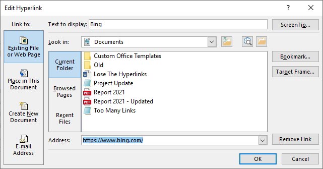 Remove hyperlinks in Word document by using the Edit Hyperlink function
