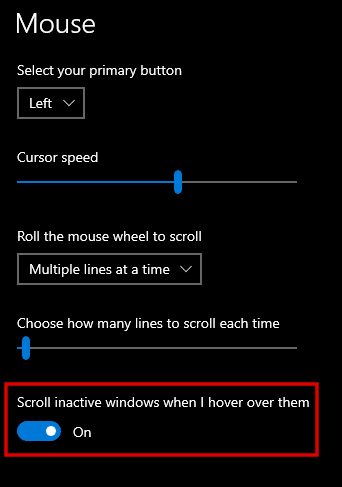Scroll inactive windows when I hover over them in Windows 10