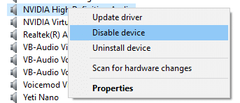 Disable NVIDIA High Definition Audio in Windows 10