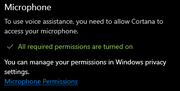 Microphone Permissions link for Cortana in Windows 10