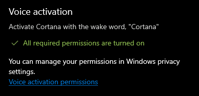 Voice activation privacy settings link for Cortana in Windows 10