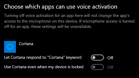 Turn off Let Cortana respond to Cortana keyword