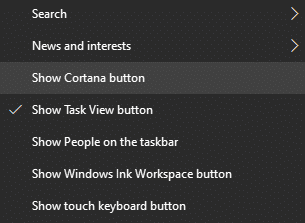 désélectionner l'option Afficher le bouton Cortana dans Windows 10