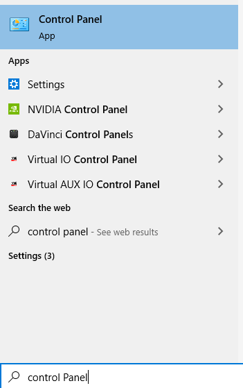 Open control panel in Windows 10