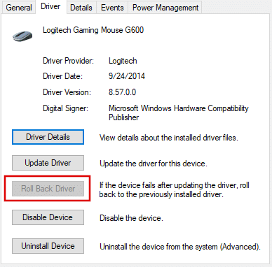 Roll Back Driver for Mouse in Windows 10