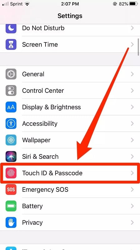 click on Touch ID & Passcode on iPhone settings