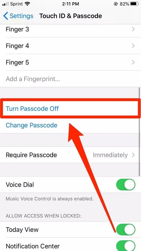 click Turn Passcode Off option on iPhone
