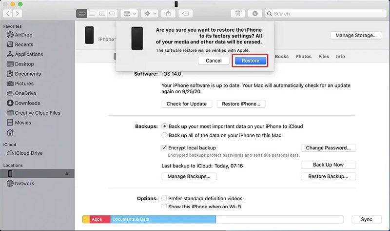 click the restore button to start iPhone restore