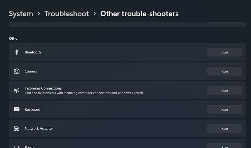 The troubleshooter list