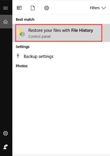 Screenshot highlighting Restore your files with File History option on Windows 10