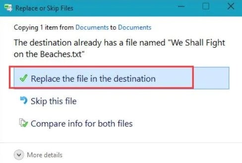 Replace or Skip file pop-up asking for confirmation to restore the deleted photos to the computer