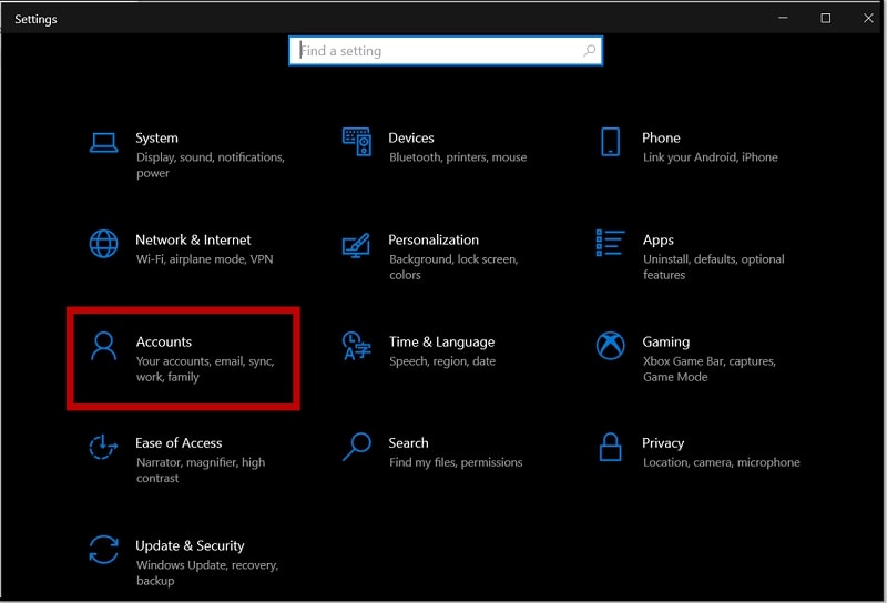 Settings on Windows 10 highlighting the Accounts option 